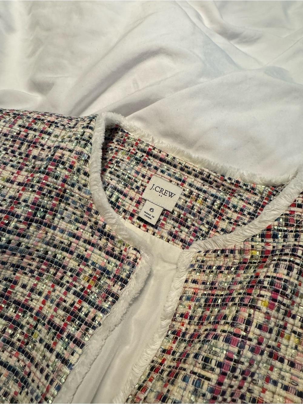 J. Crew Multicolor Tweed Collarless Jacket with White Trim - Picture 2 of 3